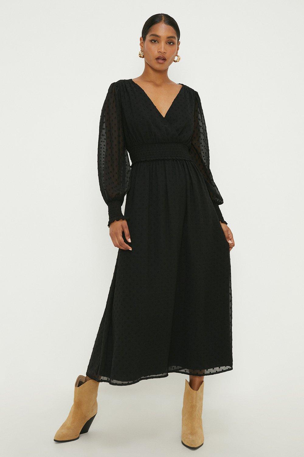 Womens Black Dobby Chiffon Shirred Waist Midi Dress