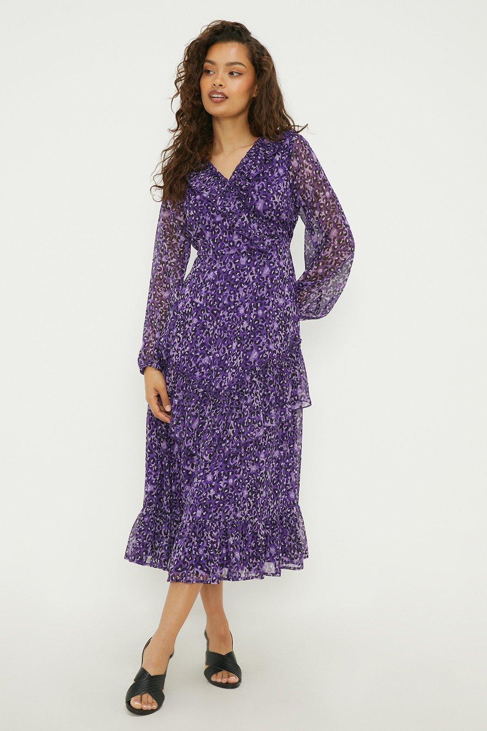 Womens Petite Purple Animal Ruffle Chiffon Midaxi Dress