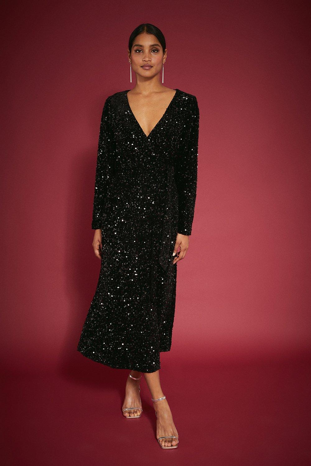 Womens Tall Velvet Sequin Wrap Midi Dress
