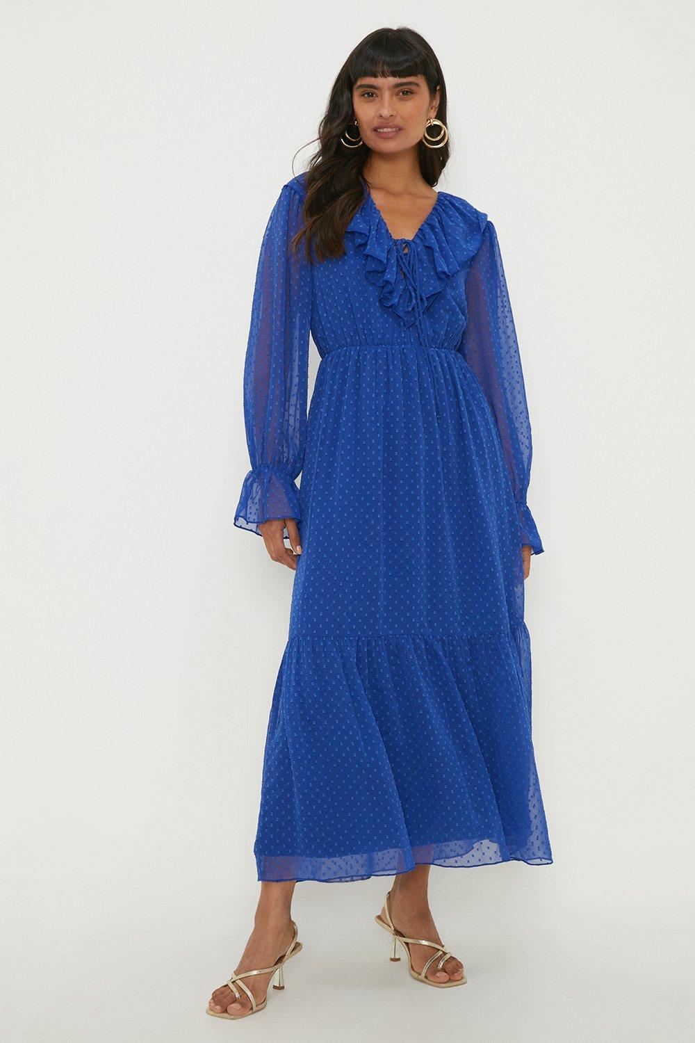 Womens Blue Dobby Chiffon Ruffle Midi Dress