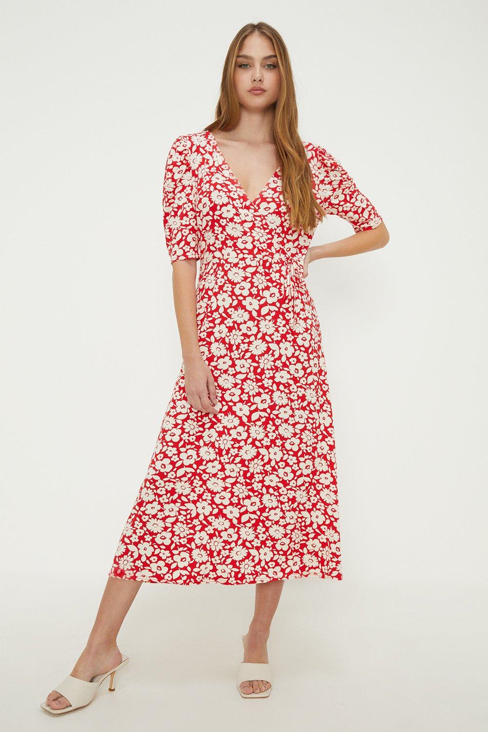 Womens Red Floral Ruched Sleeve Wrap Dress