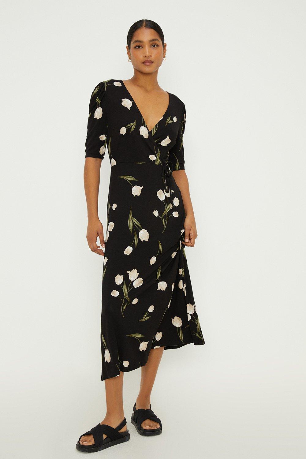 Womens Black Floral Ruched Sleeve Wrap Dress