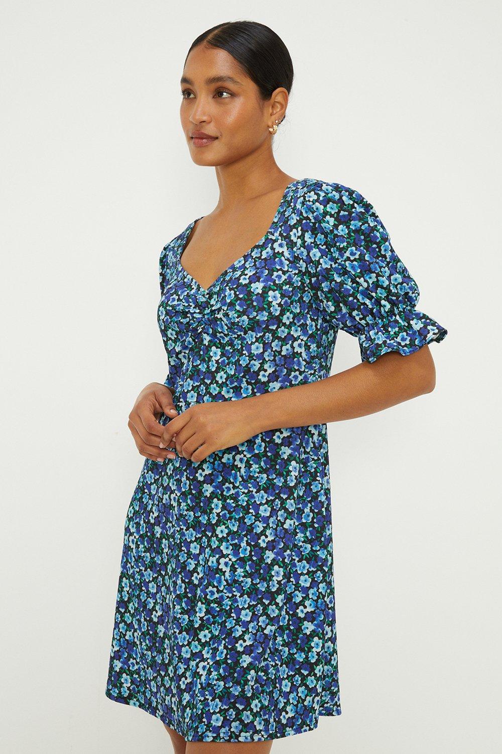 Womens Blue Ditsy Ruched Front Mini Dress