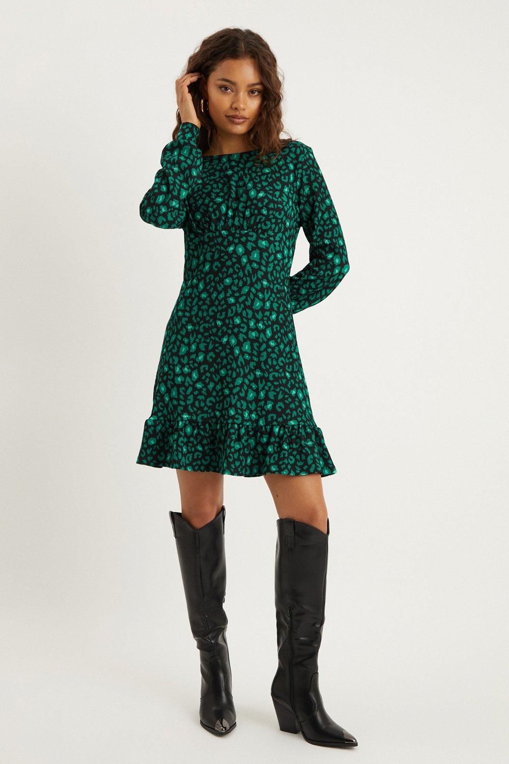 Womens Petite Green Leopard Frill Hem Mini Dress