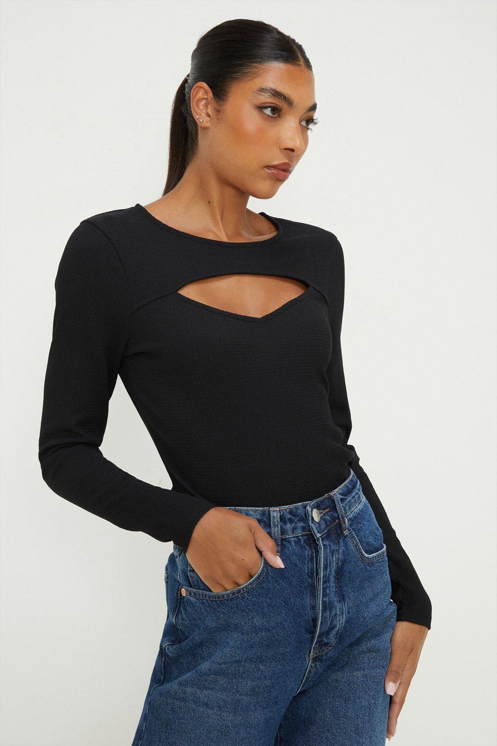 Womens Keyhole Fitted Crinkle Long Sleeve Top