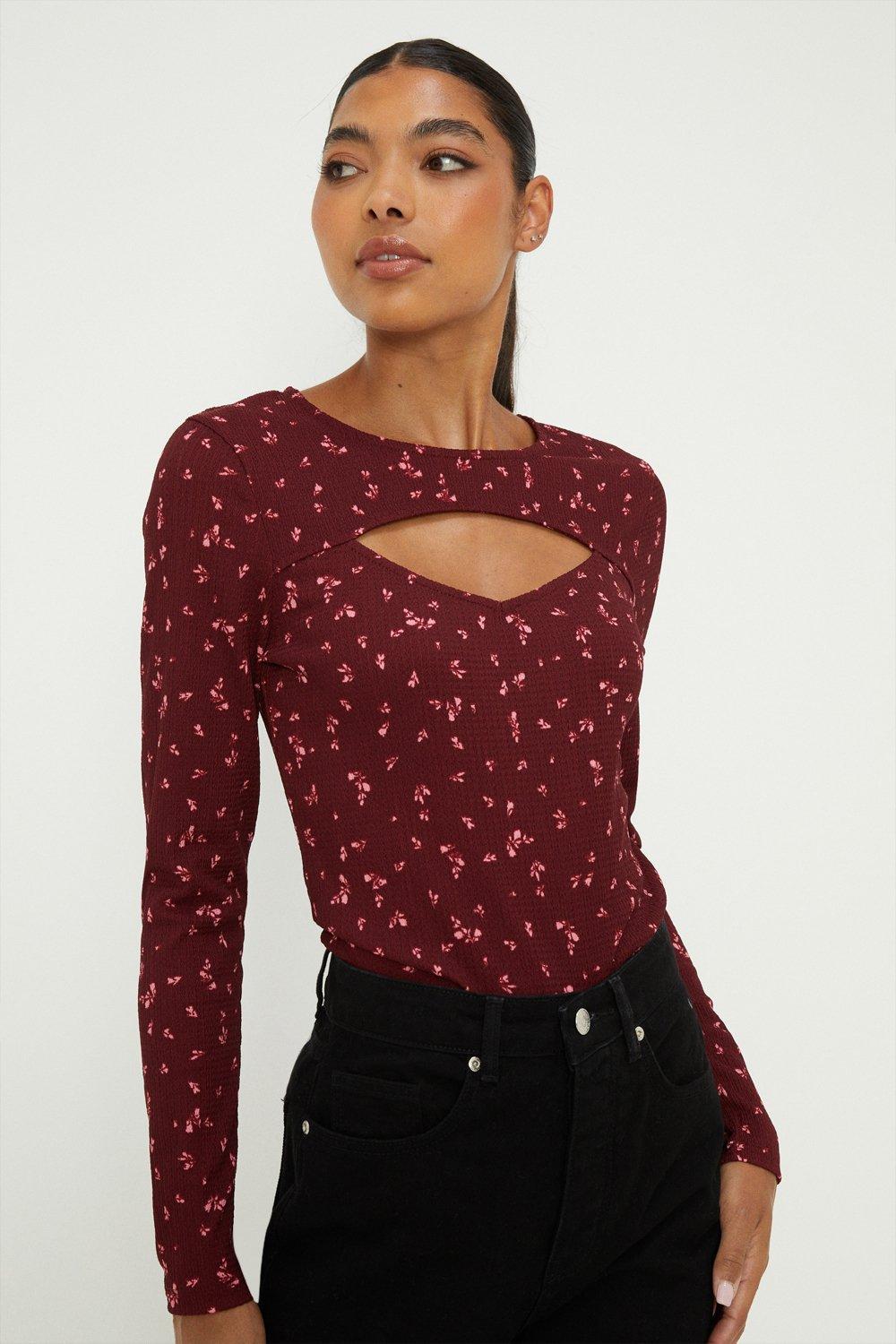 Womens Ditsy Keyhole Fitted Crinkle Long Sleeve Top