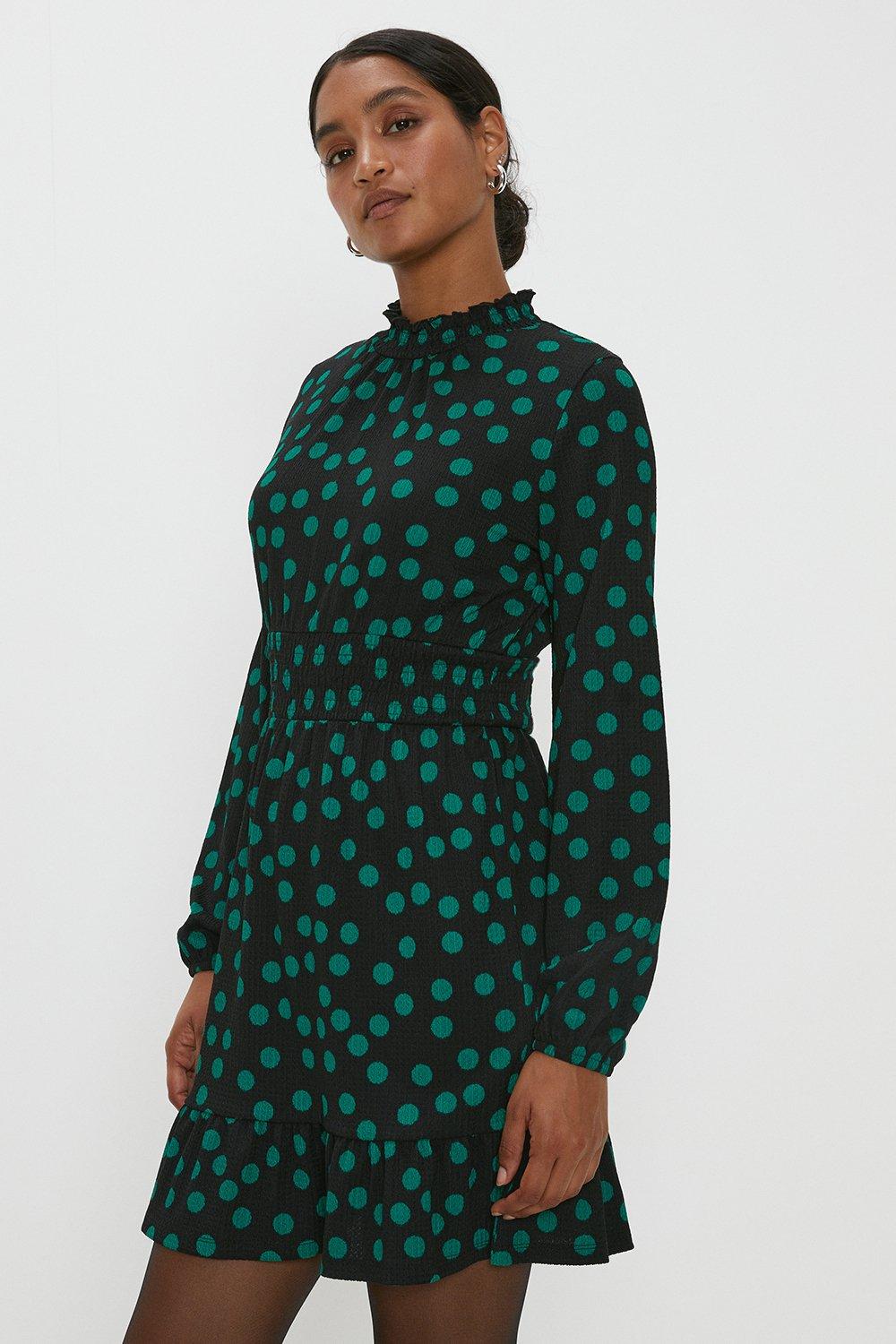 Womens Green Spot Shirred Waist Mini Dress