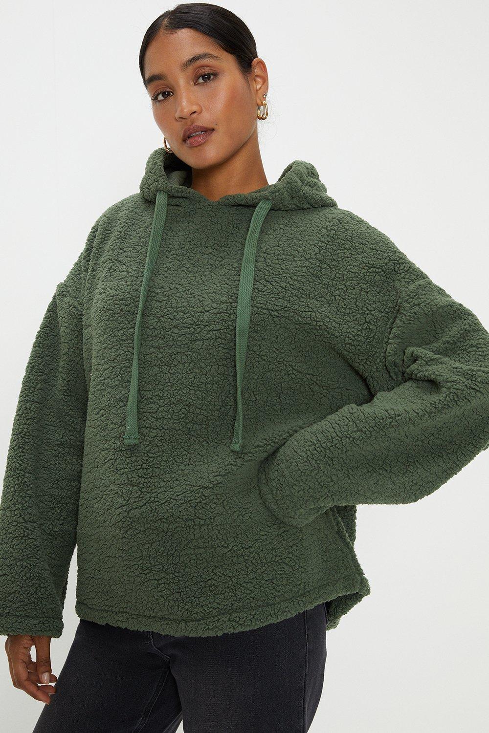 Womens Oversized Borg Hoodie With Drawcord And Pockets