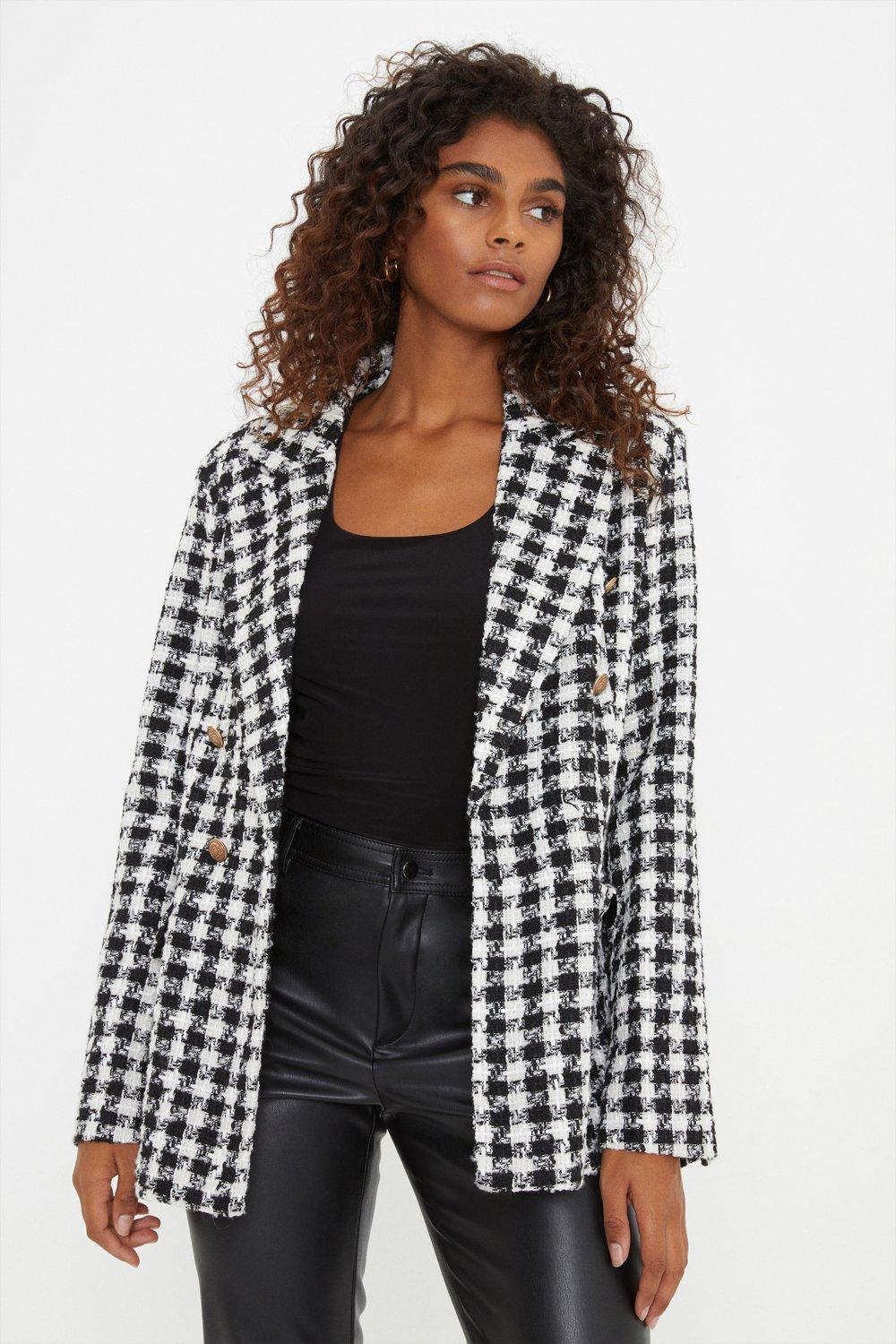 Womens Dogtooth Double Breasted Blazer