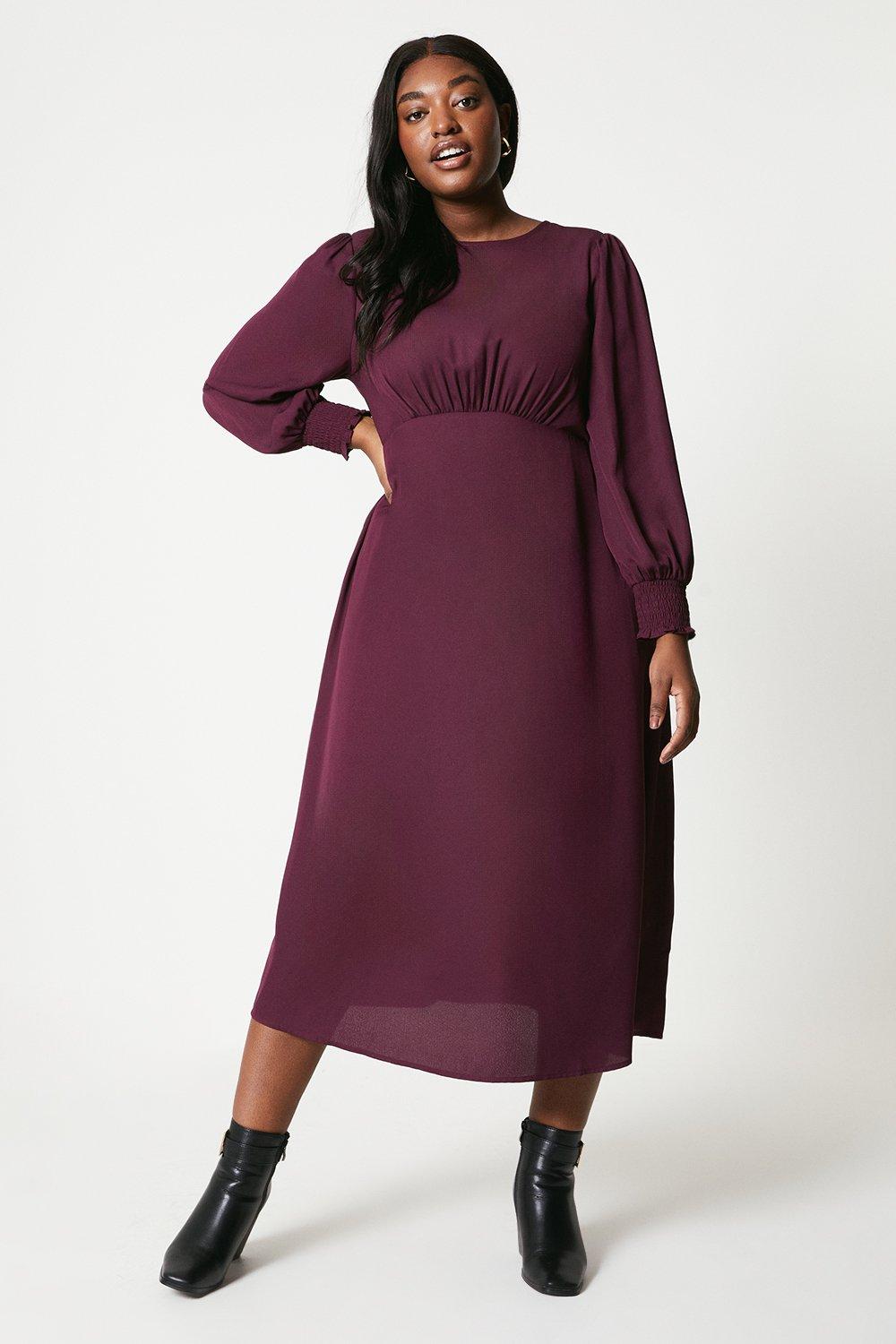 Womens Curve Berry Shirred Cuff Midi Dress