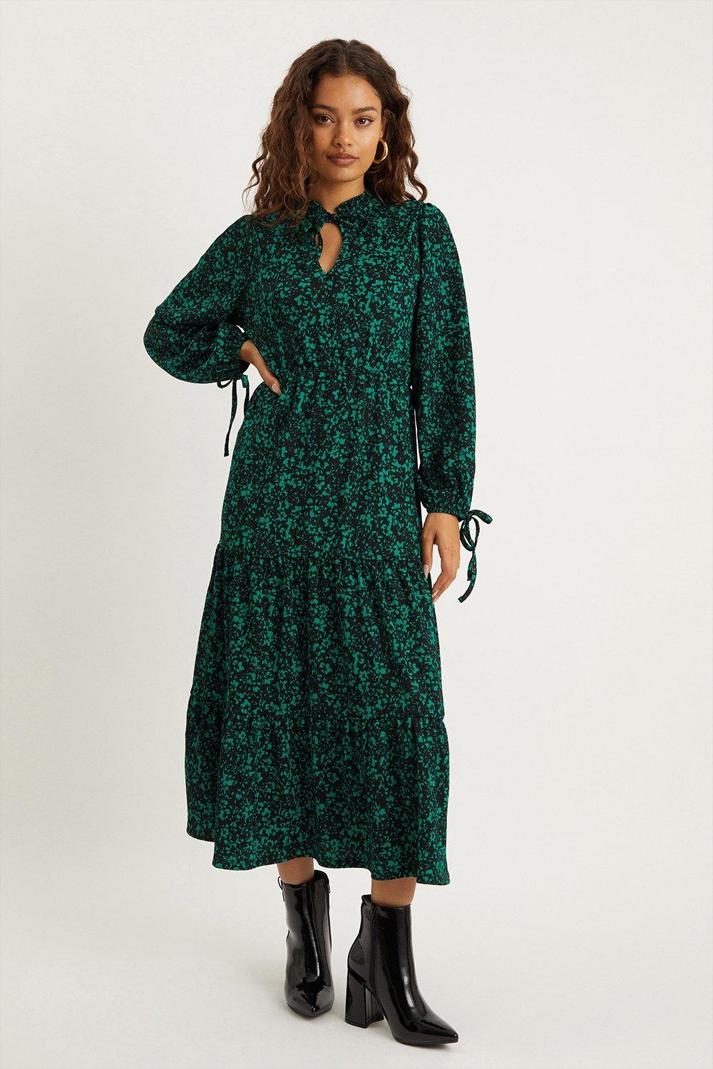 Womens Petite Green Ditsy Tiered Midi Dress