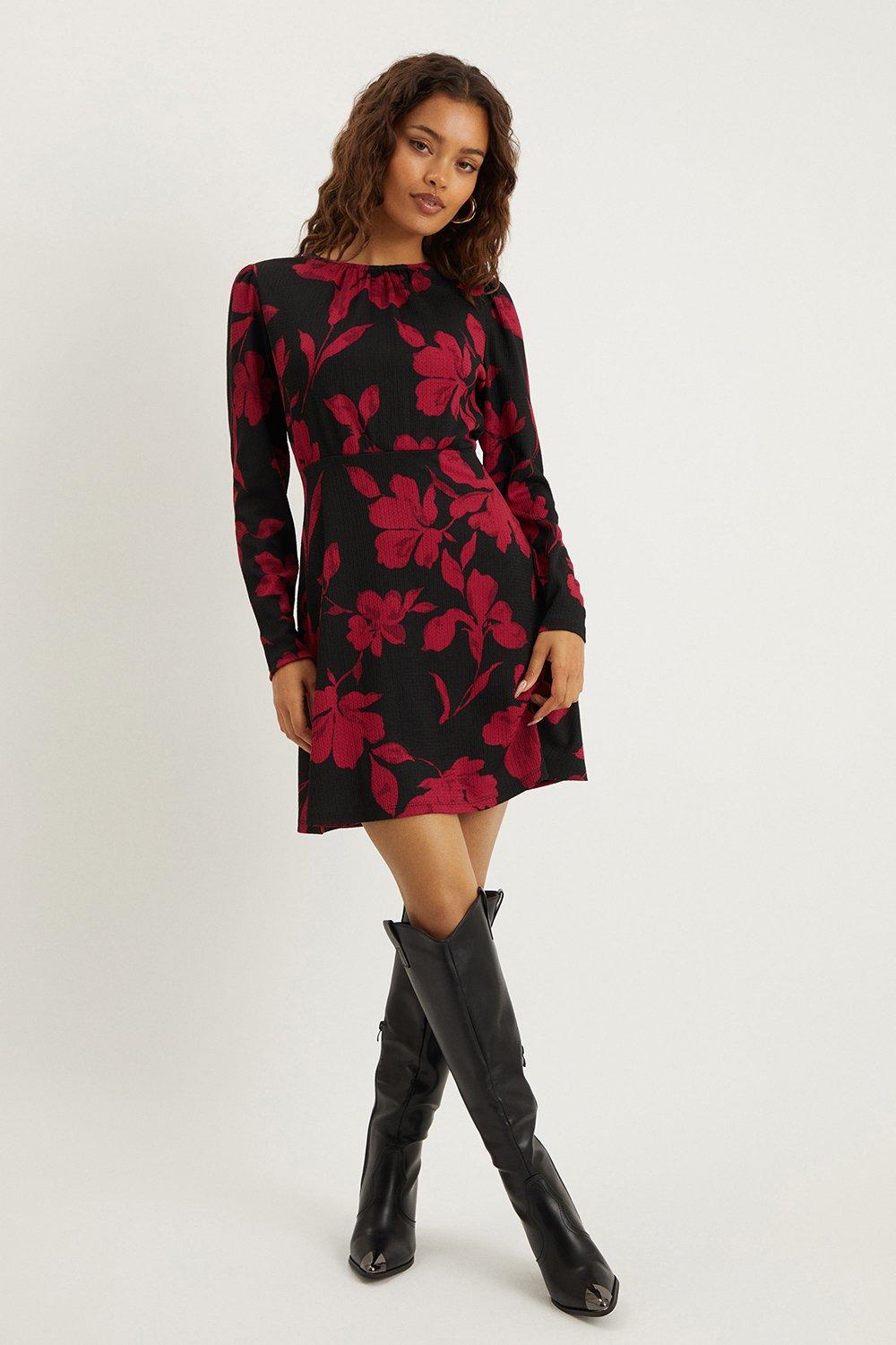 Womens Petite Red Floral Puff Sleeve Fit And Flare Mini Dress