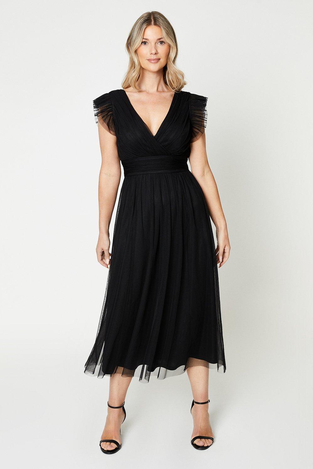 Womens Black Tulle Midi Dress