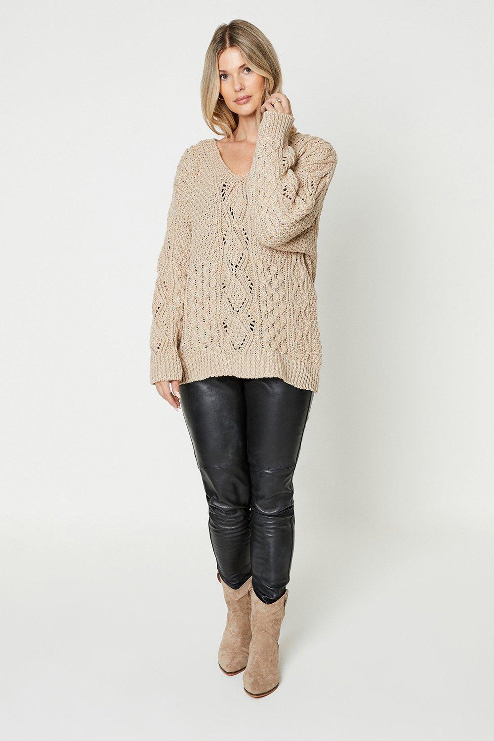 Womens V Neck Cable Jumper