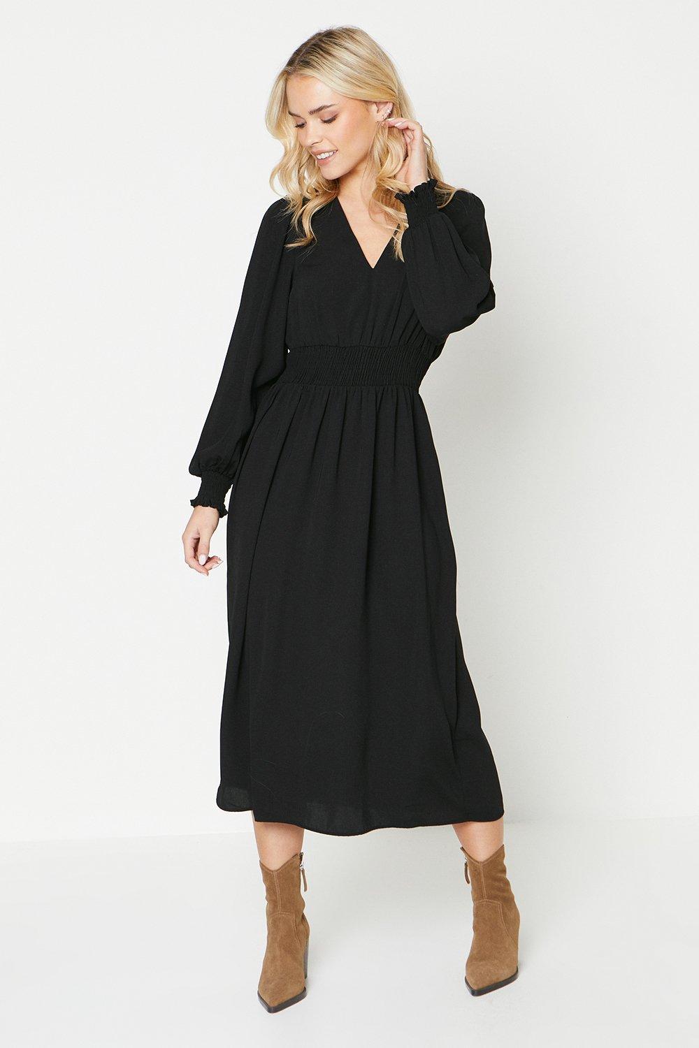 Womens Petite Black Shirred Waist Midi Dress