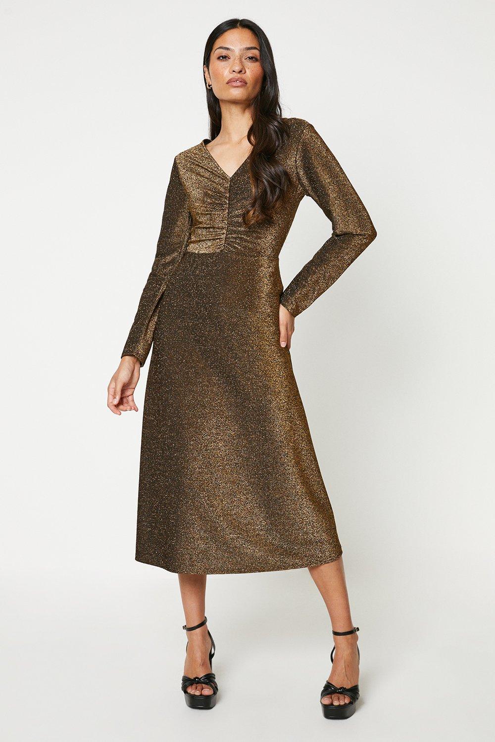 Womens Shimmer Ruched Midi Dress