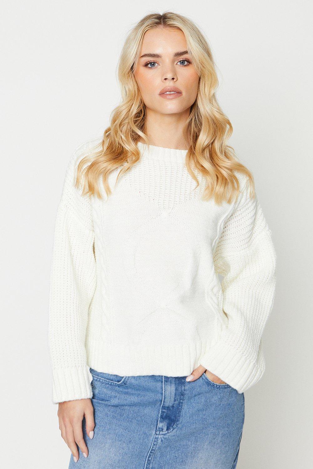 Womens Petite Wide Sleeve Cable Fluffy Knit Jumper