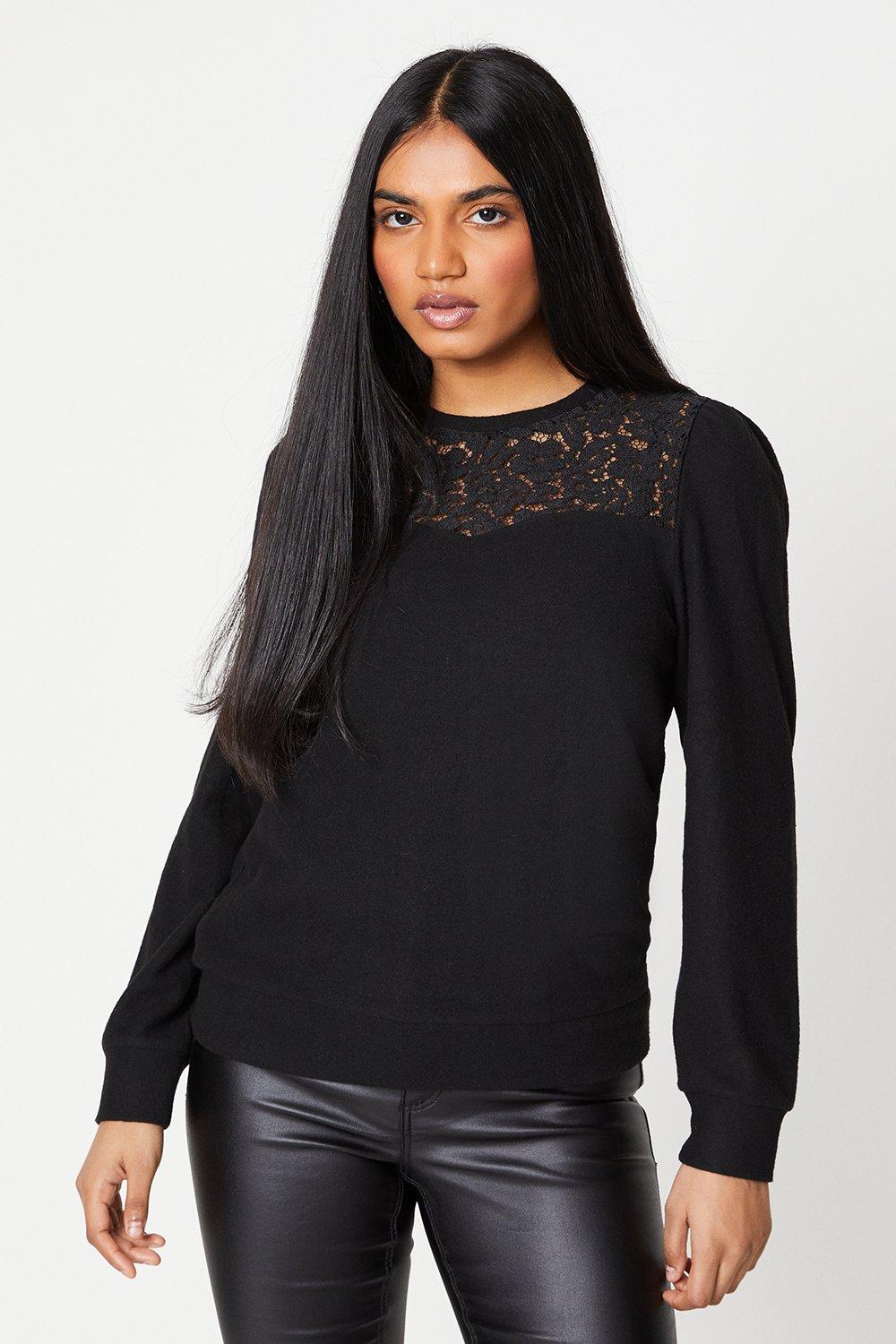 Womens Petite Lace Insert Detail Brushed Long Sleeve Top