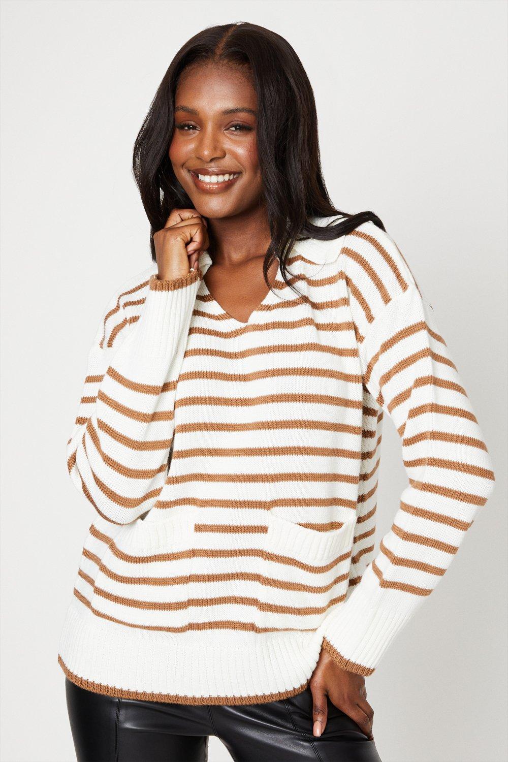 Womens Collared Stripe Knitted Jumper With Pockets