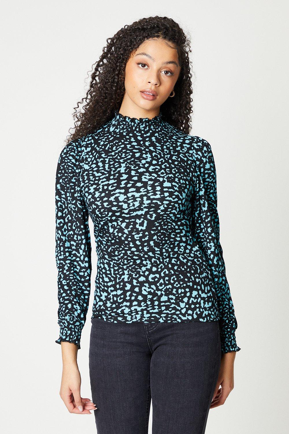 Womens Shirred Neck Cuff Detail Long Sleeve Top
