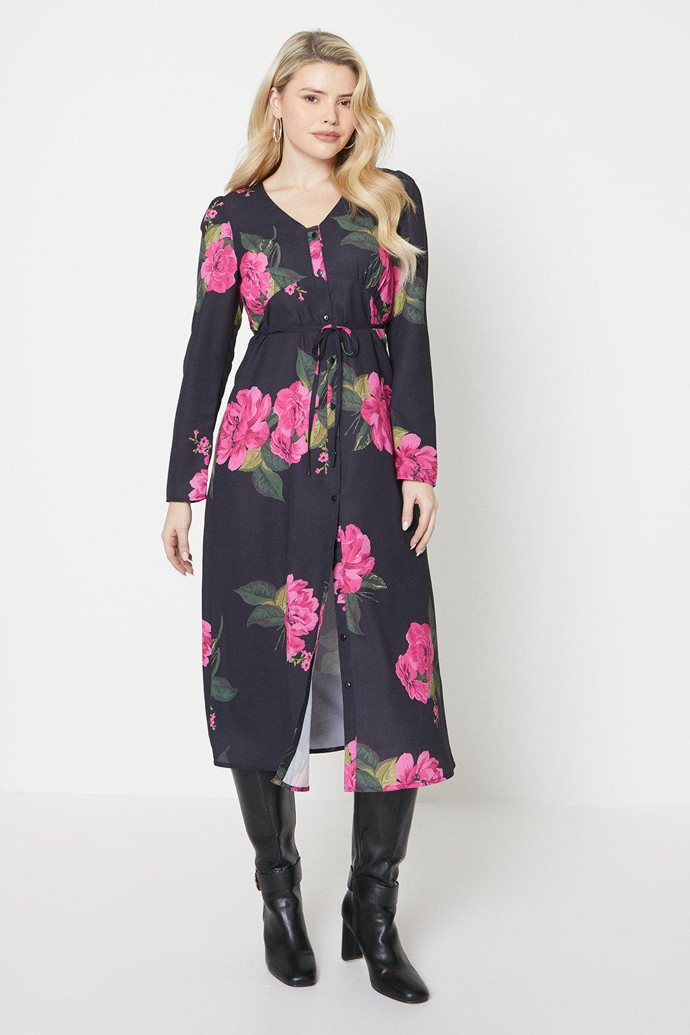 Womens Black Floral Button Through Midi Dress