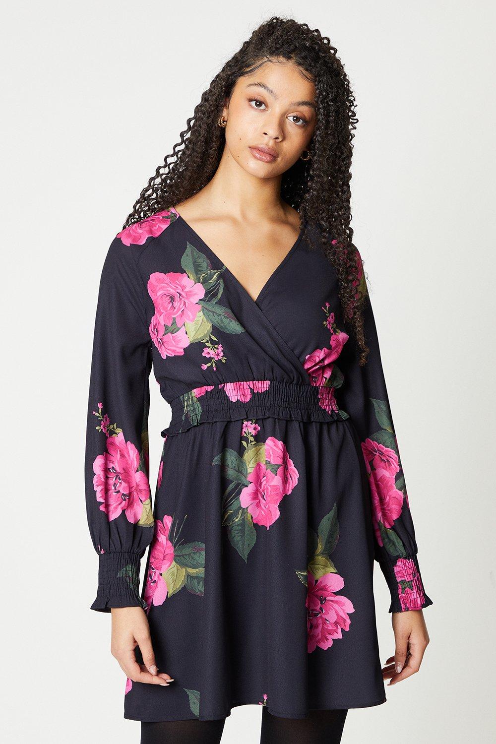 Womens Black Floral Shirred Waist Mini Dress