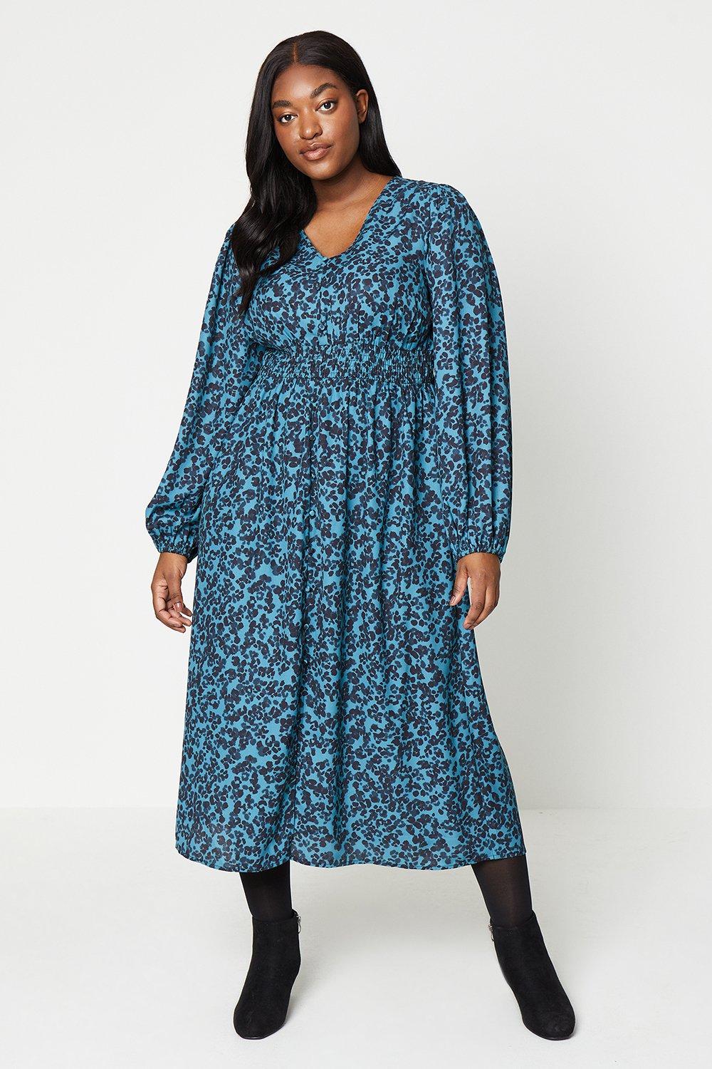 Womens Curve Animal Button Front Long Sleeve Midi Dress