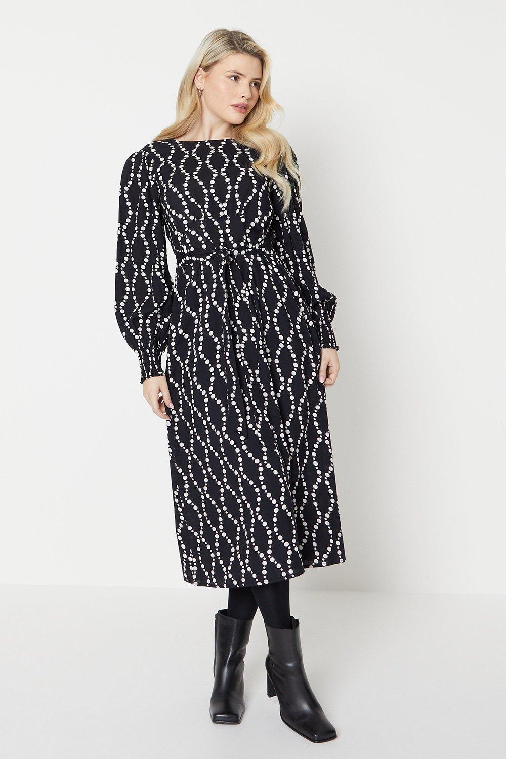 Womens Abstract Shirred Cuff Midi Dress