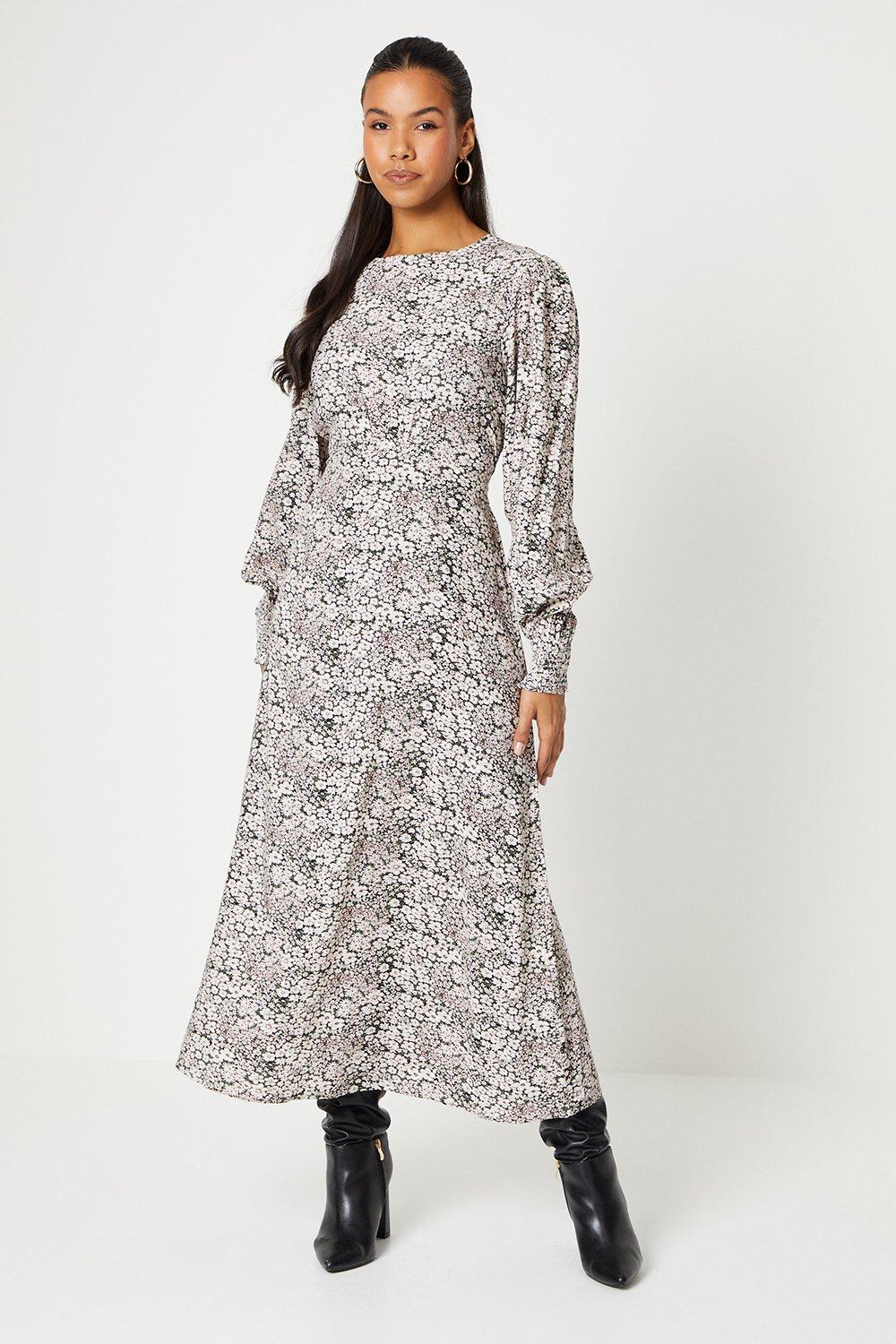 Womens Tall Ditsy Shirred Cuff Midi Dress