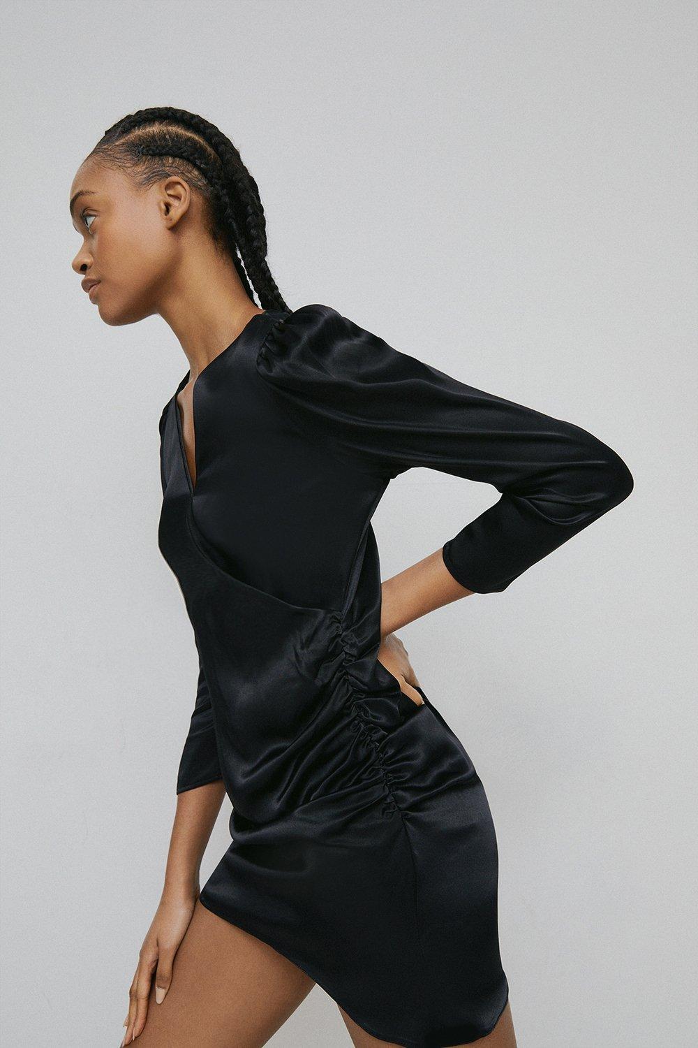 Womens Satin Long Sleeve Wrap Mini Slip Dress - black