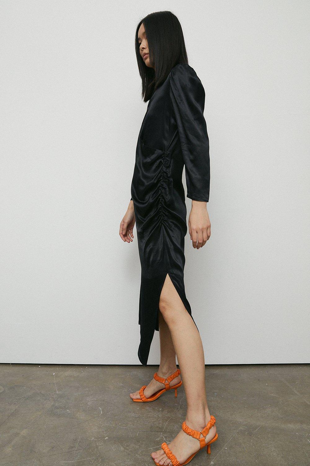 Womens Satin Long Sleeve Wrap Midi Slip Dress - black
