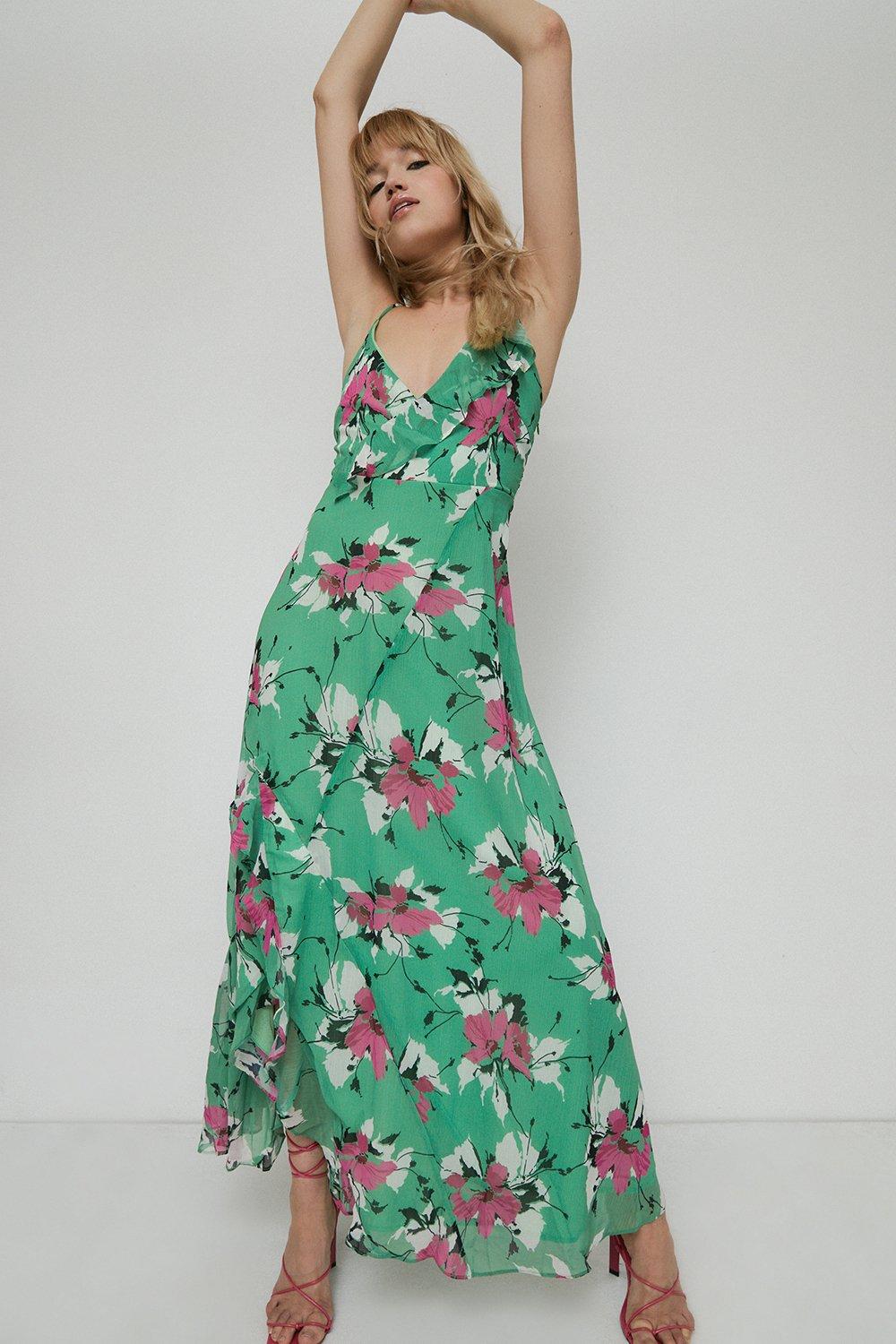 Womens Petite Strappy Wrap Maxi Dress In Floral - green