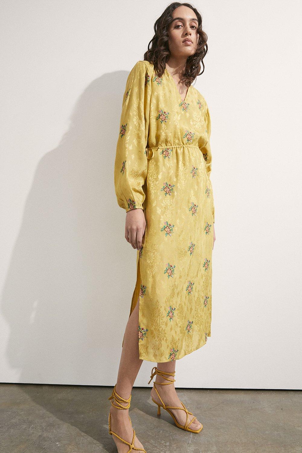 Womens Embroidered Floral V Neck Midi Dress - yellow
