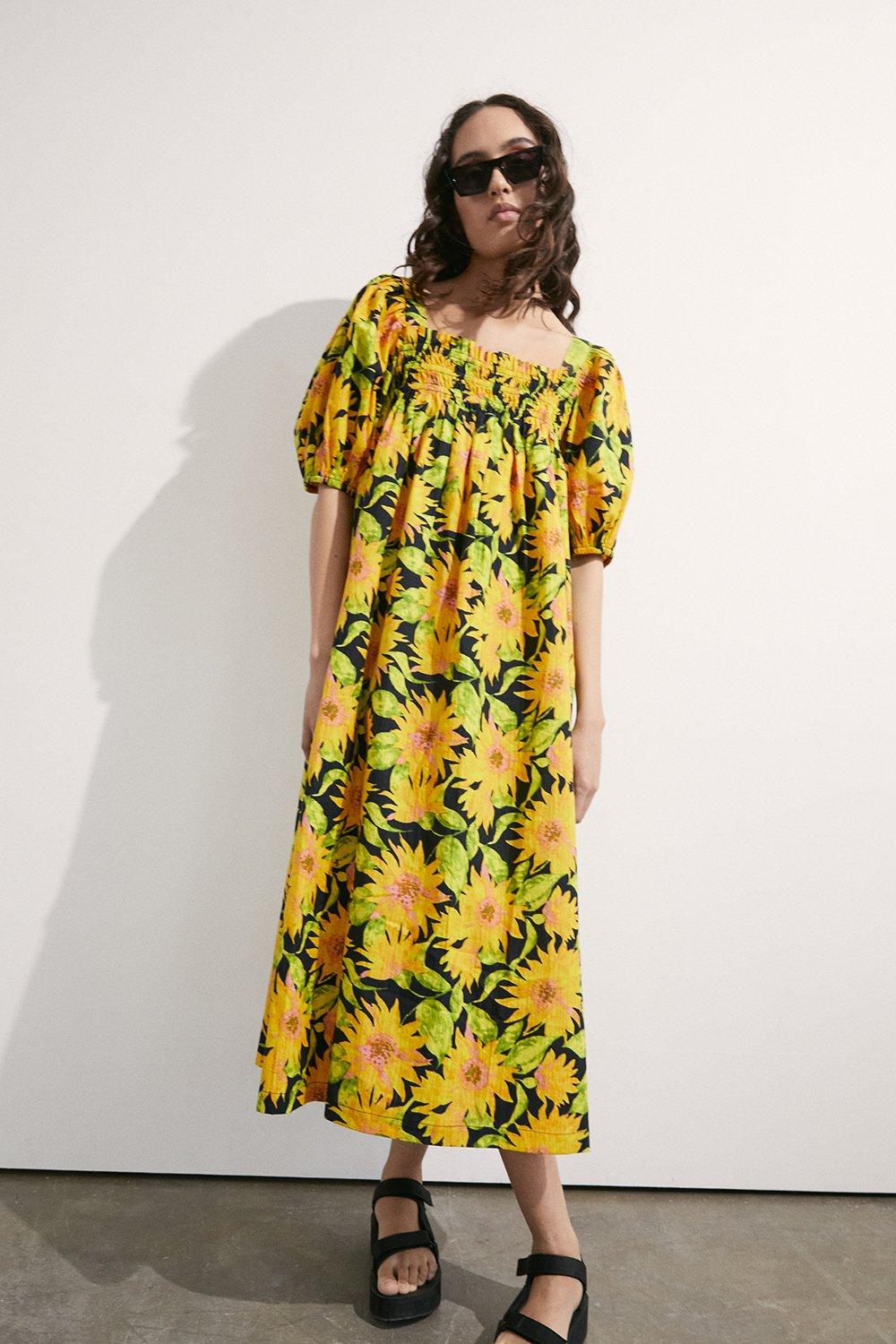 Womens Floral Smocked Square Neck Midi Dress - yellow