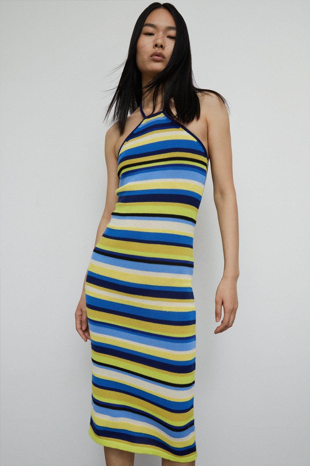 Womens Stripe Knit Midi Dress - blue