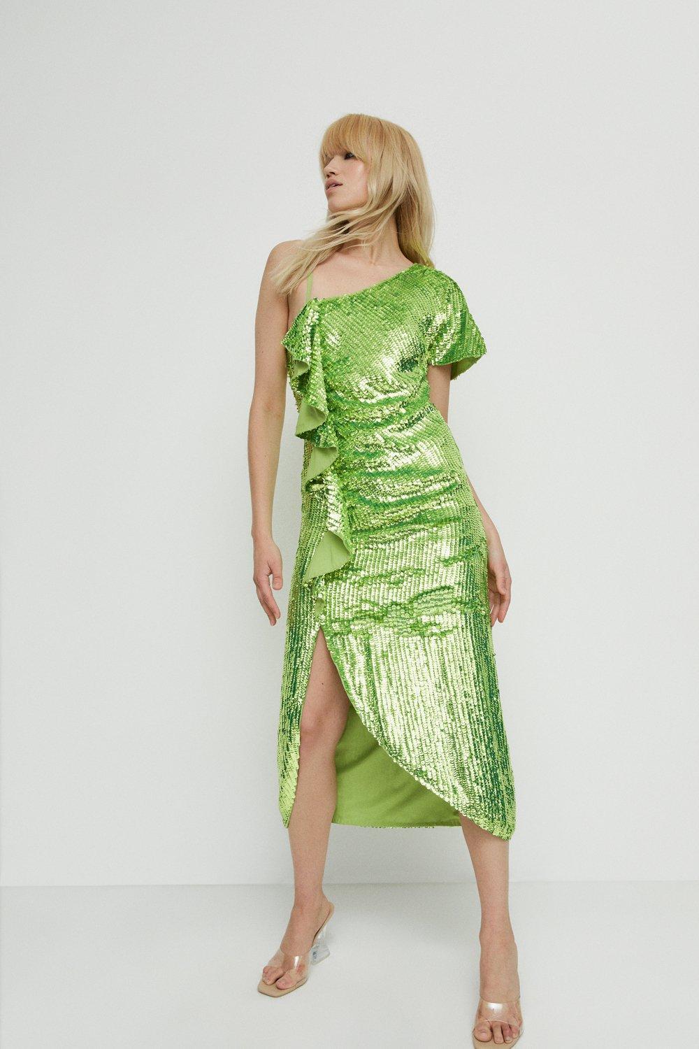 Womens Sequin Asymmetric Ruched Midi Dress - green