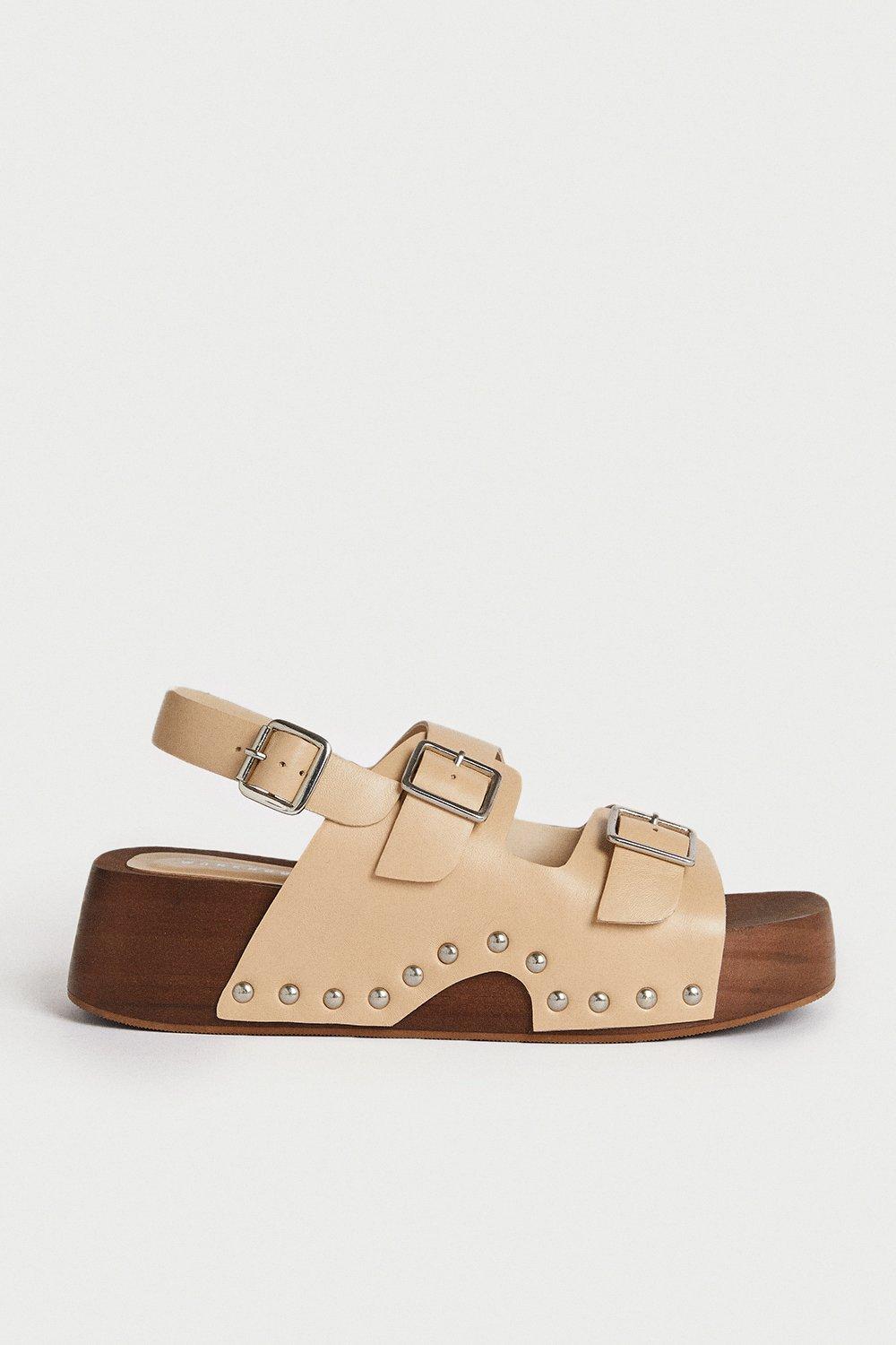 Womens Real Leather Buckle Studded Clog - cream