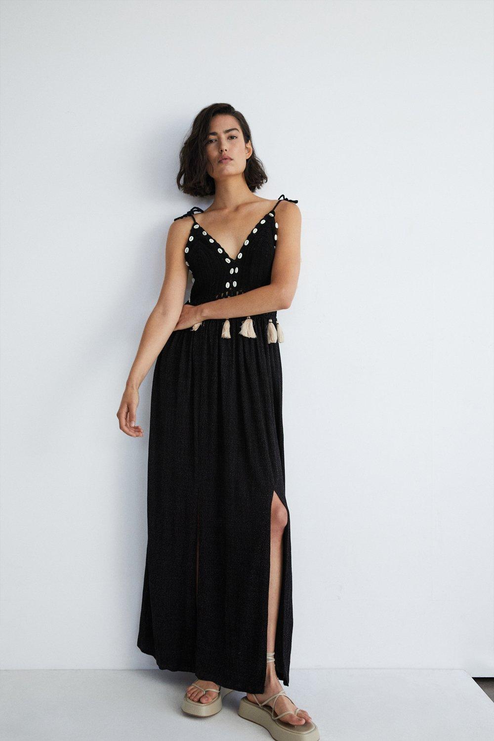 Womens Shell Crochet Maxi Dress - black