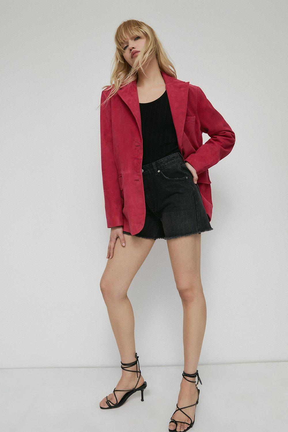 Womens Real Suede Single Breasted Blazer - raspberry