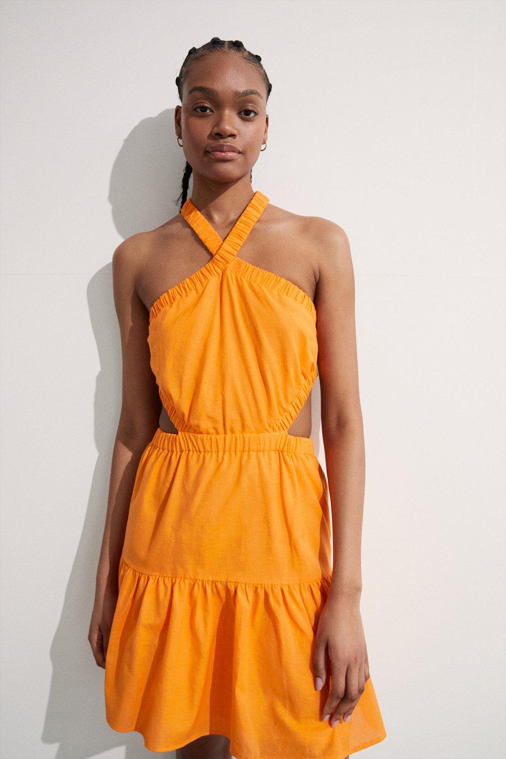 Womens Cotton Cross Back Cut Out Mini Dress - orange