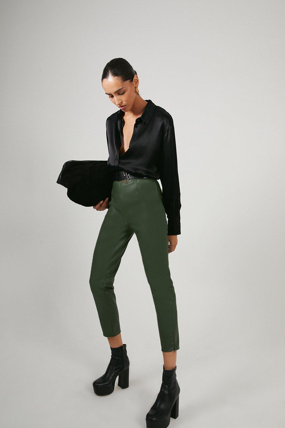 Womens Cropped Slim Faux Leather Trouser - dark green