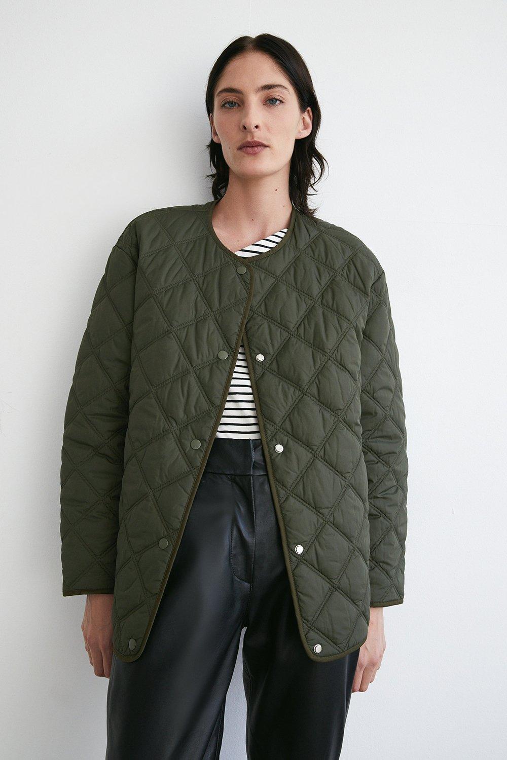 Womens Essential Collarless Liner Jacket - khaki