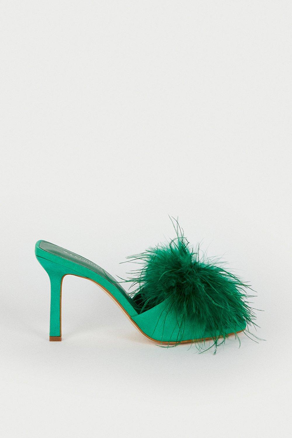 Womens Feather Detail Heeled Mule - green