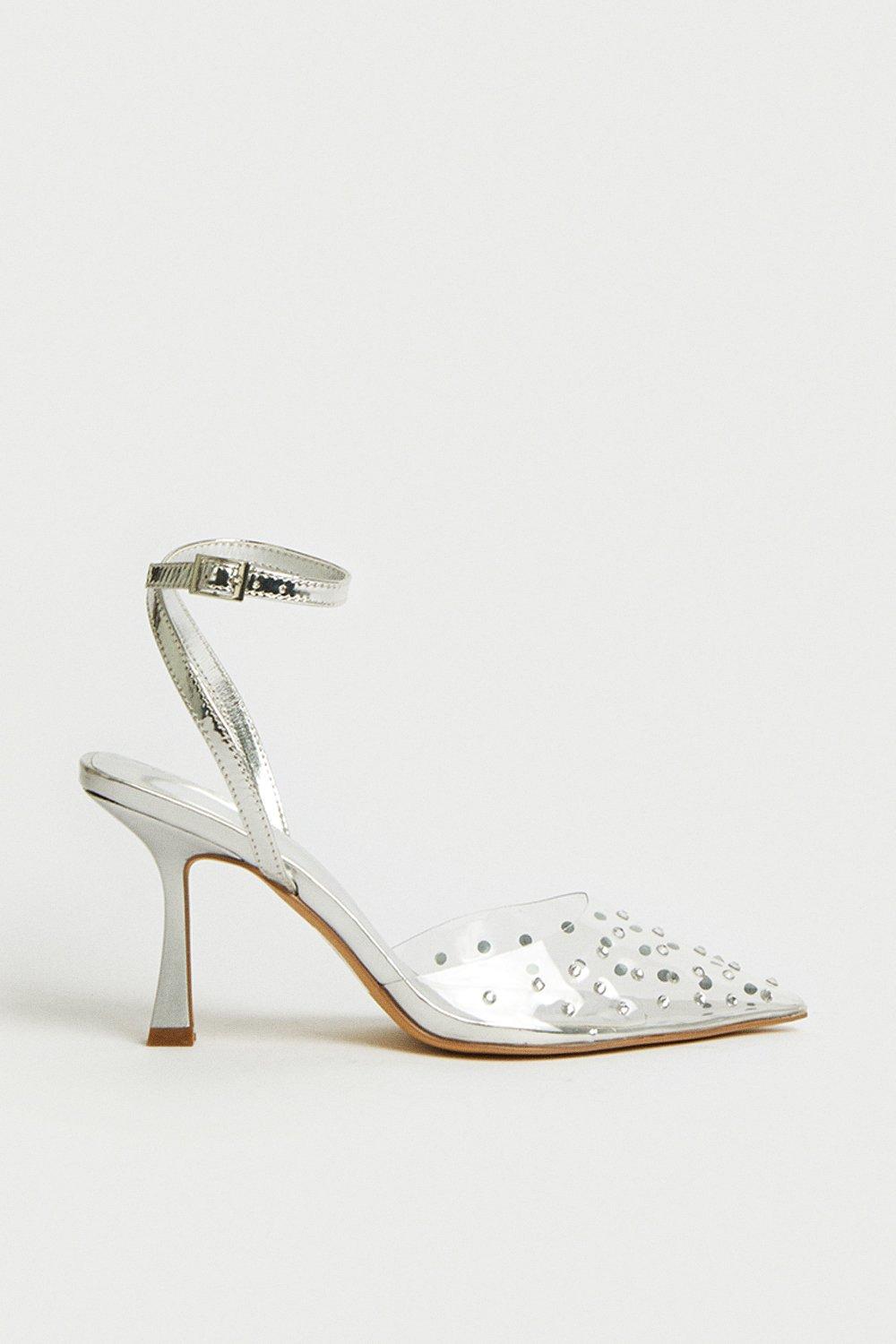 Womens Diamante Metallic Court Heel - silver