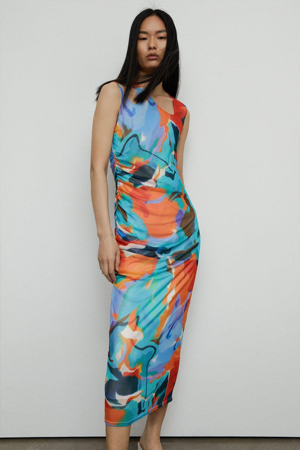 Womens Cut Out Art Print Mesh Midi Dress - multi