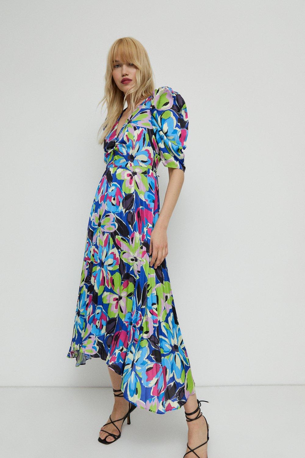 Womens Floral Print Pleated Midi Dress - multi