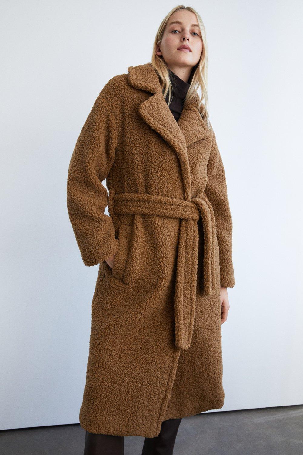 Womens Belted Long Line Teddy Coat - toffee