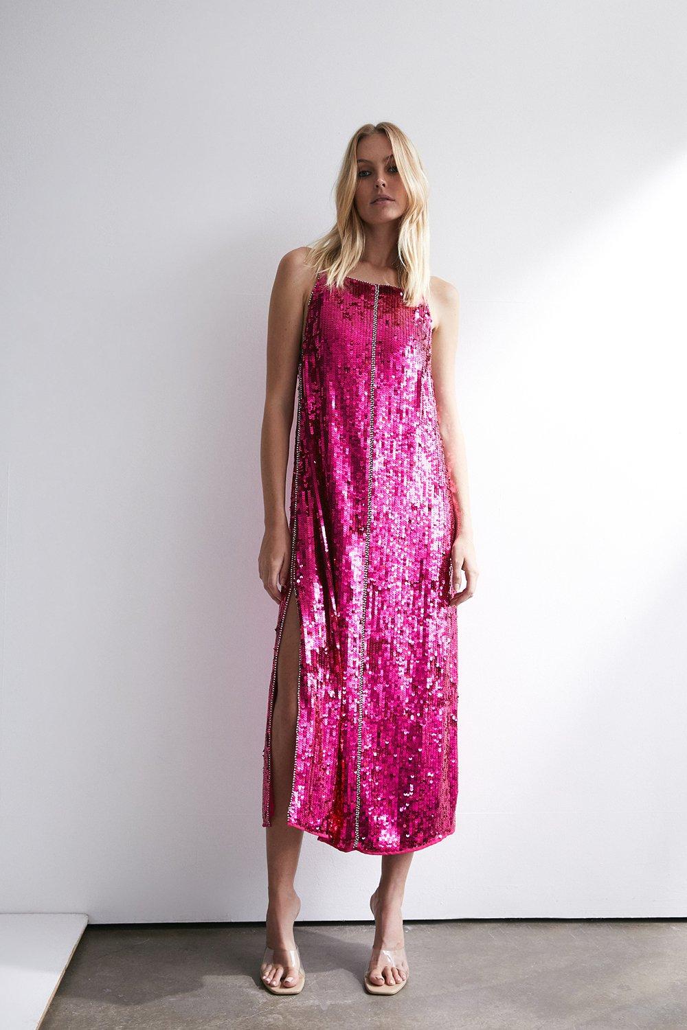 Womens Sequin Diamante Trim Midi Dress - pink