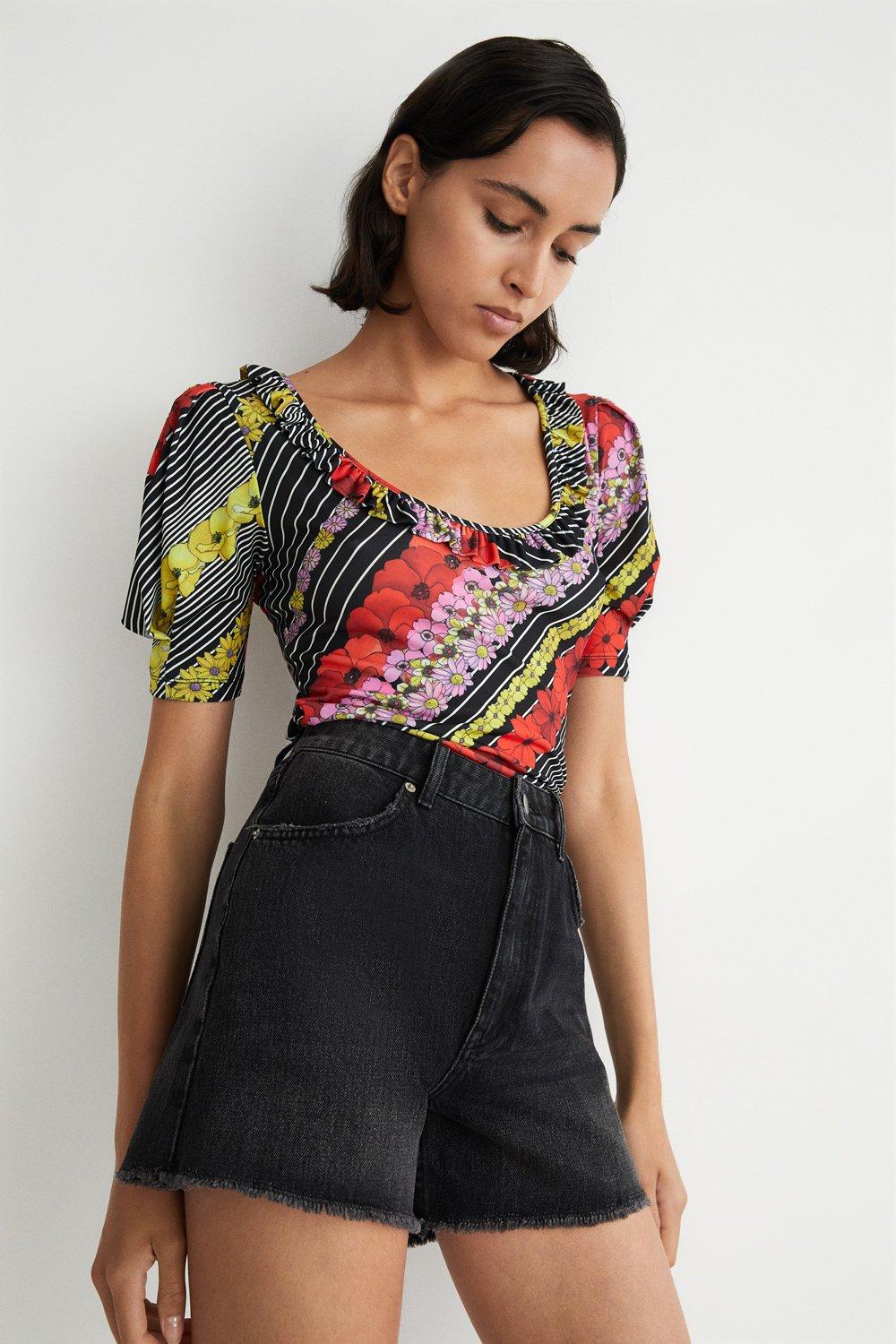Womens Floral Placement Frill Neck Top - multi