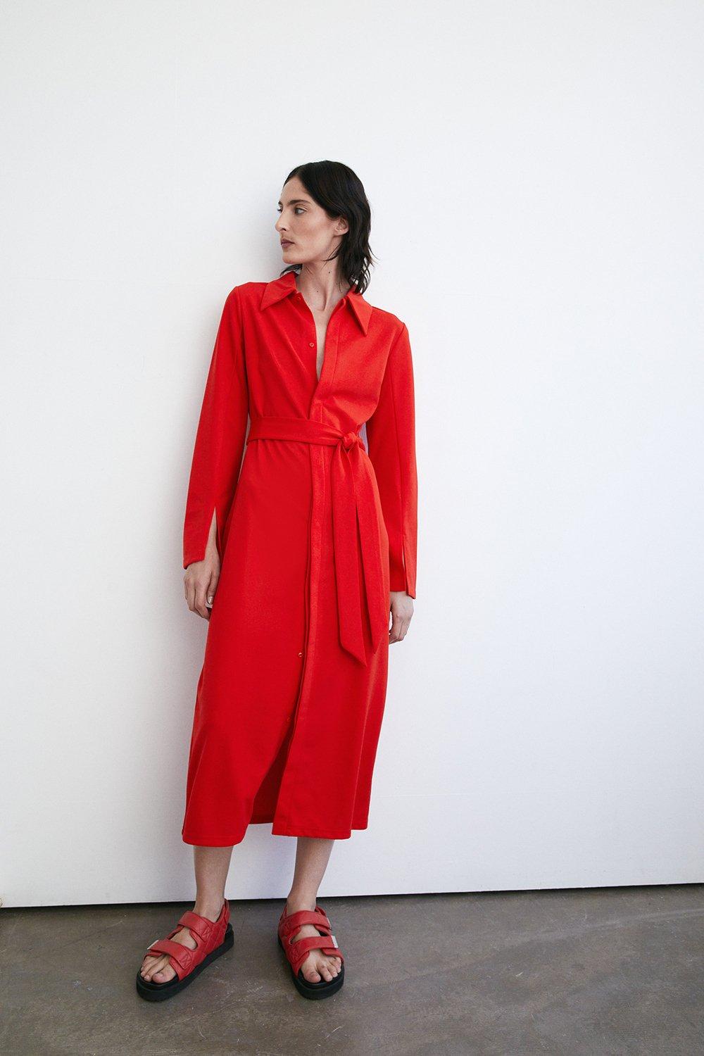 Womens Jersey Crepe Statement Collar Shirt Midi Dress - red
